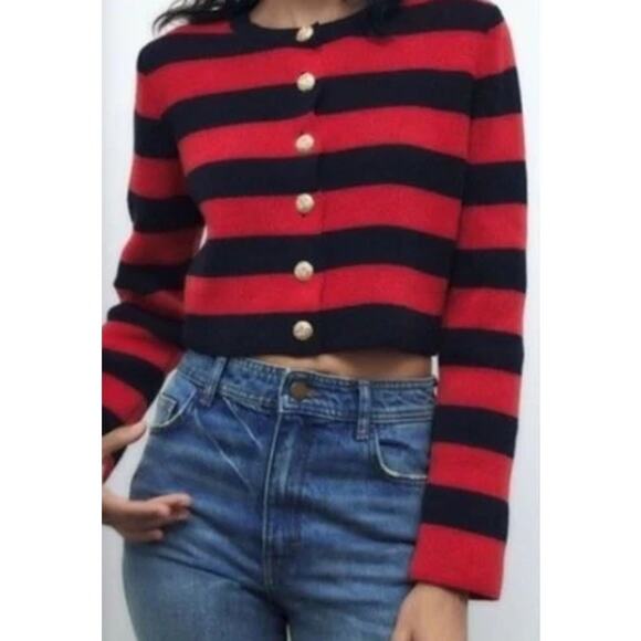 Zara Stripes Cropped‎ Sweater Cardigan Red & Navy Size Medium - Picture 1 of 9